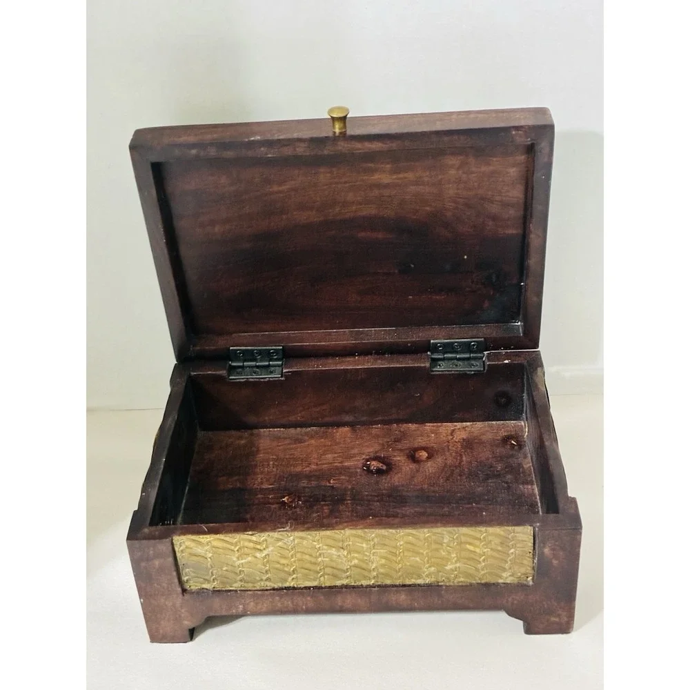 Pier One Wooden Hinged Keepsake Box Dark Wood Tone With Feet And Gold Accent NEW